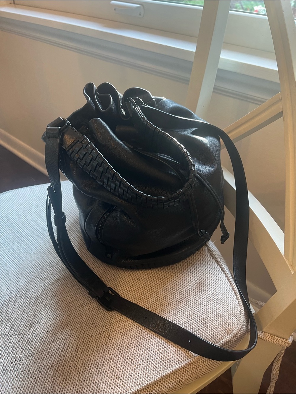 All Saints Black Leather Drawstring Bucket Bag